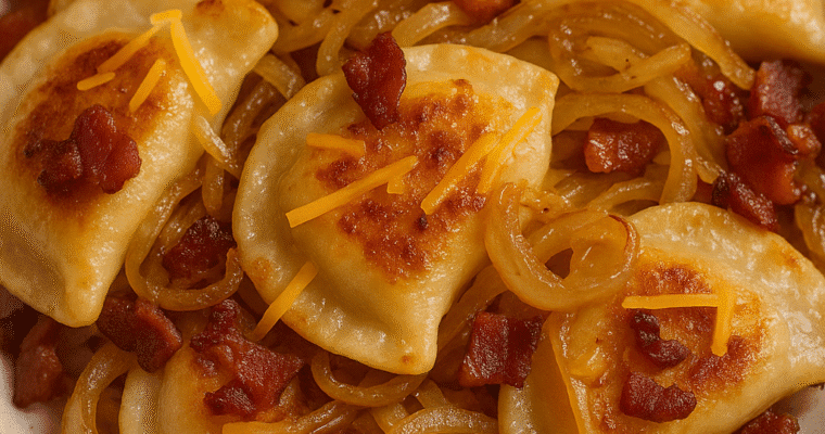Cheddar Pierogies with Caramelized Onions and Bacon