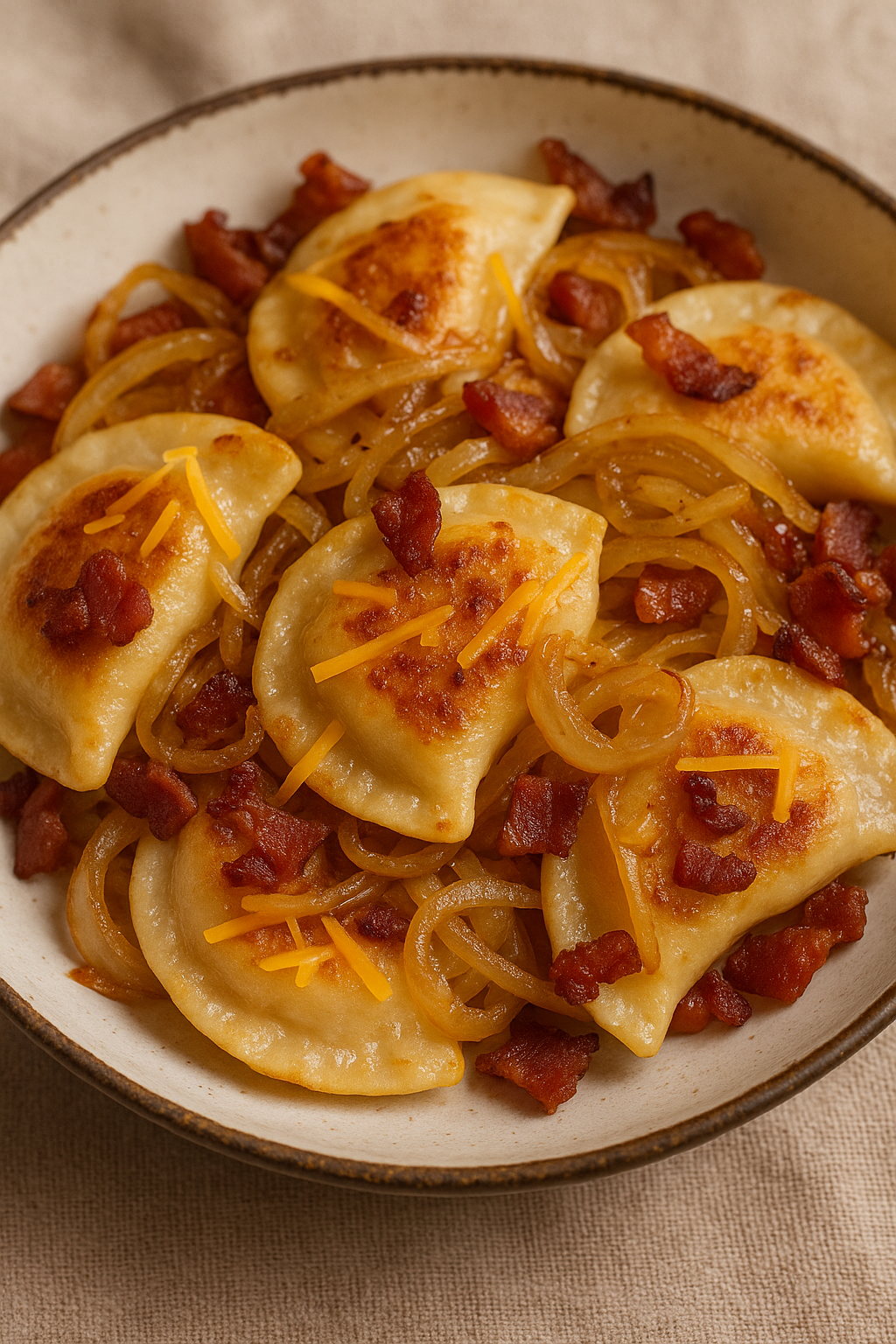Cheddar Pierogies with Caramelized Onions and Bacon