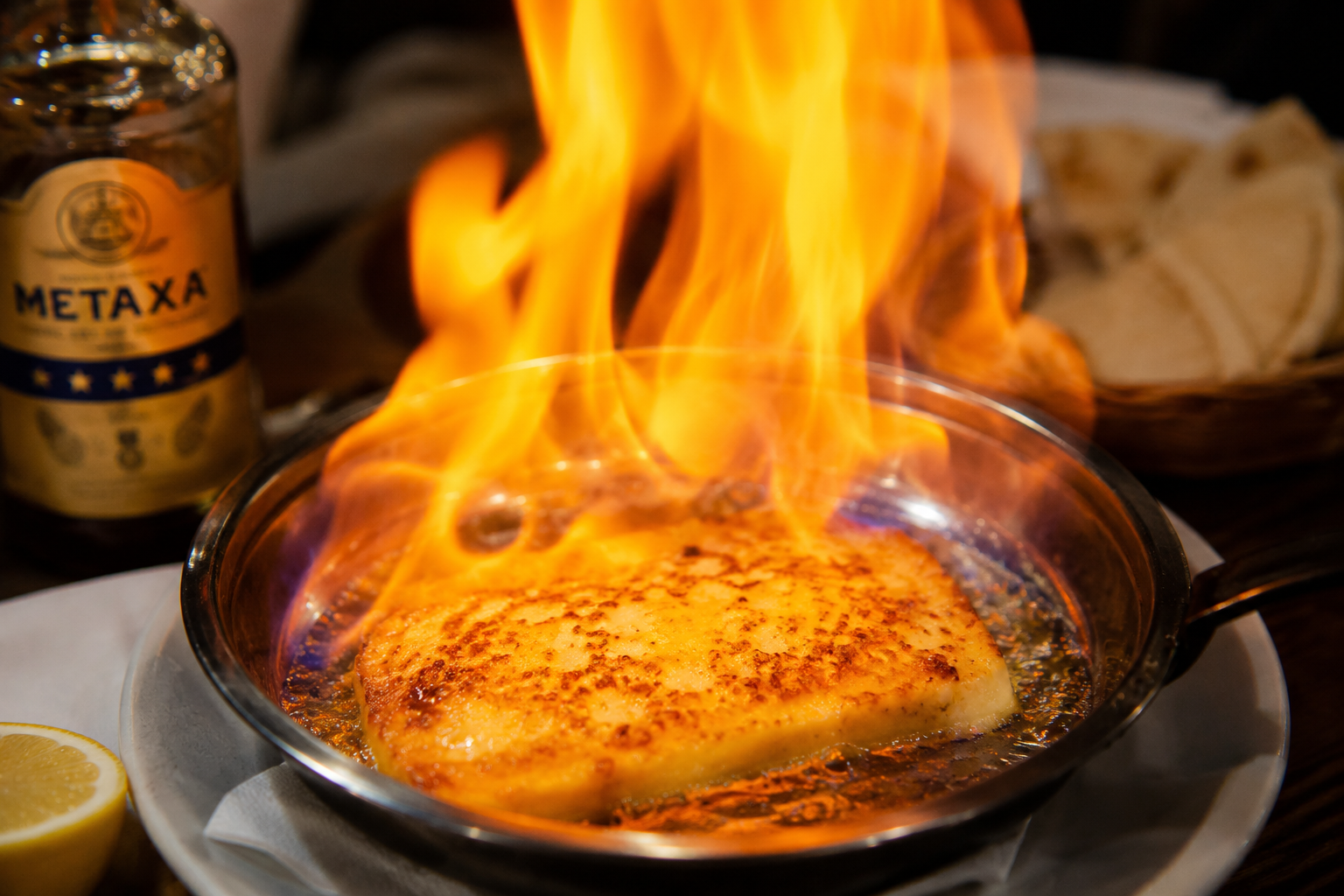 FLAMING GREEK SAGANAKI-A  TIMELESS TAVERNA CLASSIC