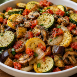 A colorful bowl of Italian-style microwave vegetables featuring zucchini, yellow squash, eggplant, mushrooms, tomatoes, onions, garlic, fresh herbs, and Parmesan cheese.