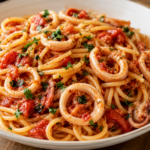 Authentic Greek Calamari Macaronatha featuring tender squid rings tossed with spaghetti in a rich tomato, garlic, and white wine sauce with fresh parsley.