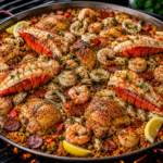 Ultimate Surf & Turf Paella with lobster, shrimp, scallops, chicken, and Spanish chorizo.