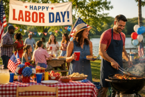 People celebrate Labor Day at a festive outdoor park barbecue beside a lake. A large “Happy Labor Day!” banner hangs above friends gathered around picnic tables decorated with American flags, patriotic flowers, and red, white, and blue balloons. In the foreground, a man grills burgers and skewers while a woman smiles with a drink and plate of food. The scene captures a warm, family-friendly holiday celebration honoring American workers.